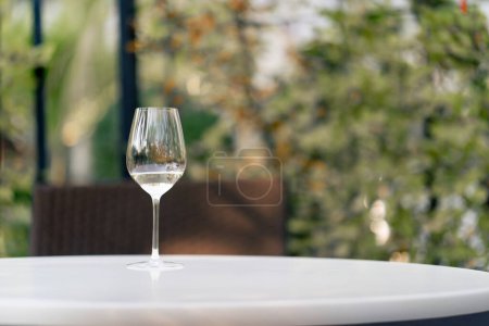 Téléchargez les photos : Un verre de vin blanc se dresse sur une table sur fond d'une belle arche dans le jardin de la cave - en image libre de droit