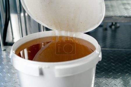 Foto de La mano de un tecnólogo abre un barril de miel líquida natural para ser añadido a la producción de bebidas - Imagen libre de derechos