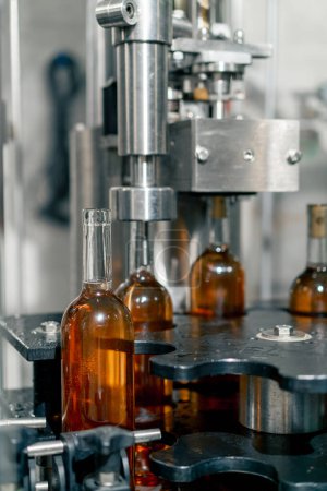 Photo for Transparent glass bottles filled with wine are arranged in a row on the packaging line to be closed with wooden stoppers - Royalty Free Image