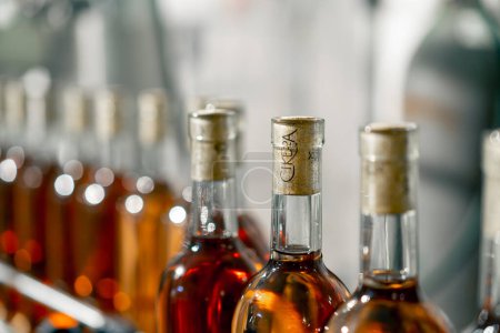 Photo for Close-up shot of sealed bottles filled with wine traveling along the packaging line at the winery for further storage in the cellar - Royalty Free Image