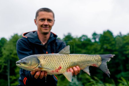 Téléchargez les photos : Portrait d'un pêcheur professionnel satisfait tenant une carpe sur le bord d'une rivière pêchant dans un étang avec de bonnes prises - en image libre de droit