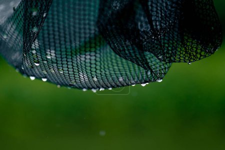 Photo for Landscape nature river pier during a downpour drops on a fishing net from rain fishing close-up - Royalty Free Image