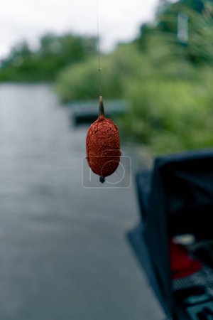 Foto de Pesca de cerca cebo comestible colgando de un gancho en el fondo de la naturaleza del río método de alimentación de pesca deportiva estilo libre - Imagen libre de derechos
