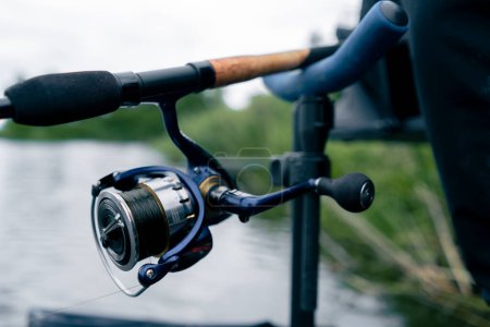 Photo for Close-up Fishing tackle fishing spinning hooks and baits fisherman on reservoir feeder free style method - Royalty Free Image