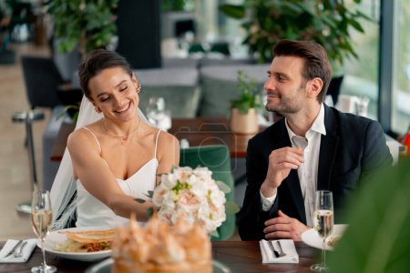 Photo for Portrait of smiling bride and groom in love newlyweds wedding in restaurant during celebration of love romance - Royalty Free Image