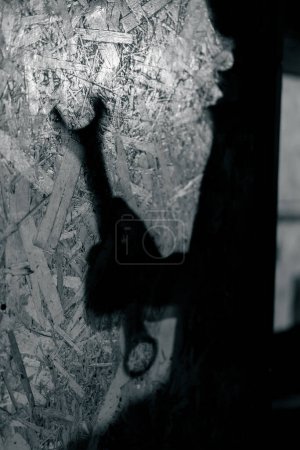 Foto de Primer plano de una estación de servicio que proyecta una sombra sobre una silueta de pared de aglomerado corrugado de un artesano con llave inglesa - Imagen libre de derechos