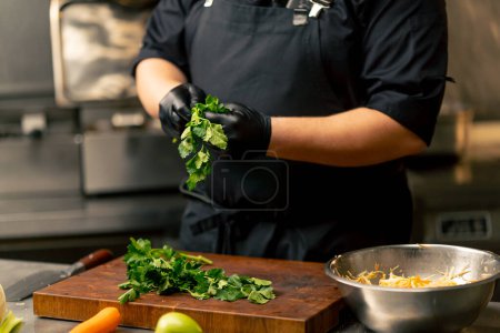 Photo for Close-up in a professional kitchen the chef at the table peels parsley from the stems - Royalty Free Image