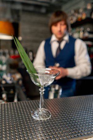 Téléchargez les photos : Dans un restaurant japonais sur le comptoir du bar le barman prépare un cocktail exotique - en image libre de droit