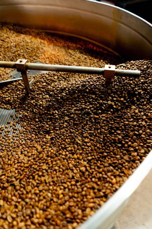 Foto de Primer plano de una fábrica de tostado de café dentro de un tostado de tambor que agita el café - Imagen libre de derechos
