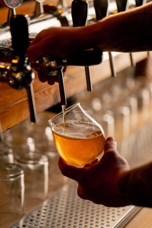 Photo for Close-up in beer hall at the bar counter the bartenders hands pour light beer into a glass - Royalty Free Image