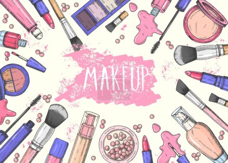 Makeup background with hand drawn lipstick, eyeshadow, lip gloss, powder, brush, cream, foundation, mascara, nail polish, gel polish, blush in balls, blush. Vector illustration 