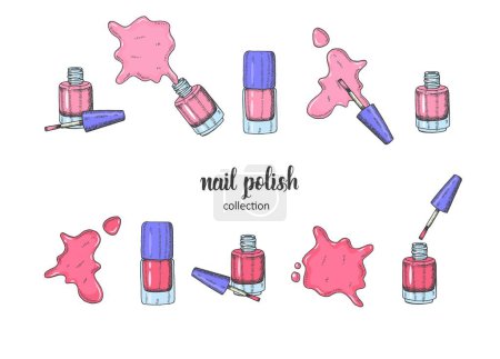 Vector set with colored pink cosmetic nail polish blot, brush of gel polish, nail polish in sketch style.