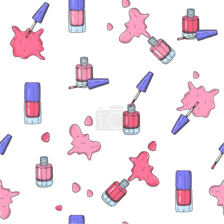 Vector Hand drawn make up seamless pattern with colored pink cosmetic nail polish blot, brush of gel polish, nail polish in sketch style.