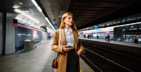 Photo for Running late, business woman and city commute with rush for class, work seminar and interview. Female person running at the underground with stress and anxiety from travel - Royalty Free Image