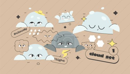 Ilustración de Conjunto de expresiones en la nube. Divertido diseño de personajes de dibujos animados. - Imagen libre de derechos
