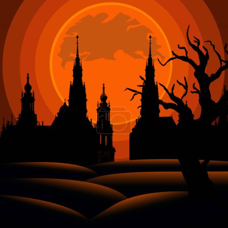 Téléchargez les photos : Spooky Castle and Spooky House In The Halloween Night Background Poster Design - en image libre de droit