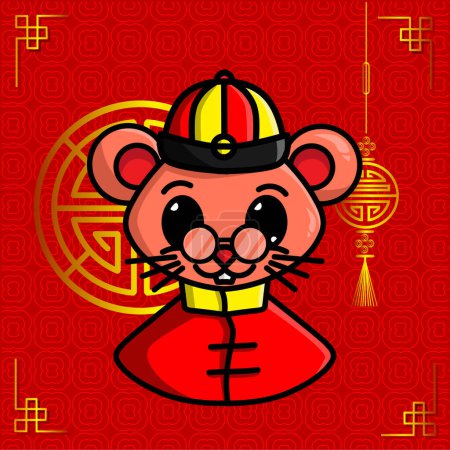 Téléchargez les photos : Happy Chinese New Year. Cartoon cute mouse set with traditional chinese costume. The year of animal zodiac vector - en image libre de droit