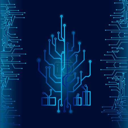 Illustration for High tech christmas tree technology geometric and connection system background with digital data abstract. Electronic dark blue background wallpaper. Vector illustration. - Royalty Free Image
