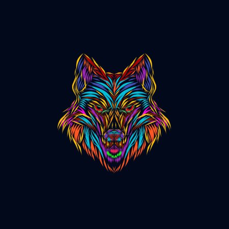 Ilustración de Wolf  beast line pop art potrait logo design with dark background - Imagen libre de derechos