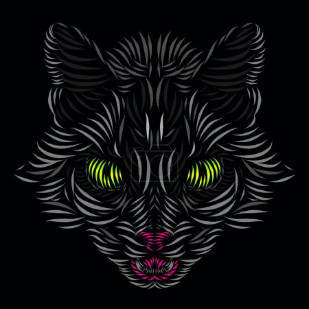 Téléchargez les illustrations : The cat lynx leopard panther tiger line pop art portrait logo colorful design with black dark background - en licence libre de droit