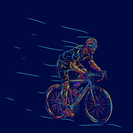 Illustration for A man riding bike line pop art potrait logo colorful design with dark background. Isolated black background for t-shirt, poster, clothing, merch, apparel, badge design - Royalty Free Image