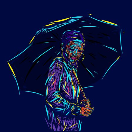 Téléchargez les illustrations : Parapluie femmes vecteur ligne pop art potrait coloré conception backgroud - en licence libre de droit