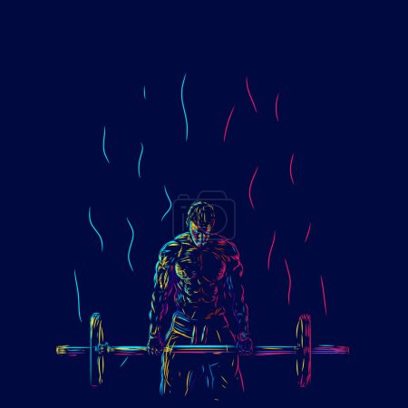 Ilustración de Los hombres de fitness en la línea de gimnasio pop art potrait logo diseño colorido con fondo oscuro. Ilustración abstracta del vector. Fondo negro aislado para camiseta - Imagen libre de derechos