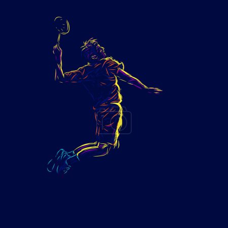 Téléchargez les illustrations : Badminton homme smash ligne de tir pop art portrait logo. Design coloré avec fond sombre. Illustration vectorielle abstraite Isolé fond noir pour t-shirt - en licence libre de droit