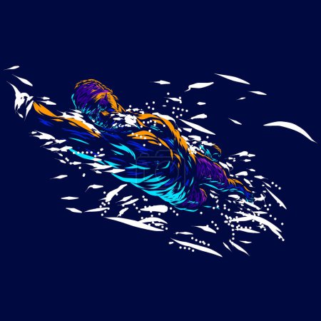 Illustration for Man swimming line pop art potrait logo colorful design with dark background. Abstract swimmer vector illustration - Royalty Free Image