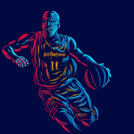 Téléchargez les illustrations : Basketball joueur ligne pop art potrait logo design coloré avec fond sombre. Illustration vectorielle abstraite Isolé fond noir pour t-shirt - en licence libre de droit