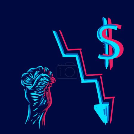 Illustration for Dollar graph down line pop art potrait logo colorful design with dark background. Abstract vector illustration. Isolated black background for t-shirt - Royalty Free Image