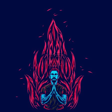 Illustration for Man meditation line pop art potrait logo colorful design with dark background. Abstract vector illustration. Isolated black background for t-shirt - Royalty Free Image