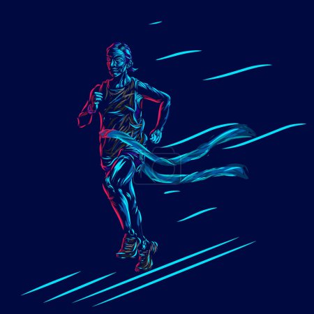 Ilustración de Mujer corriendo línea pop arte retrato logo diseño colorido con fondo oscuro. Ilustración abstracta del vector. Fondo negro aislado para camiseta - Imagen libre de derechos