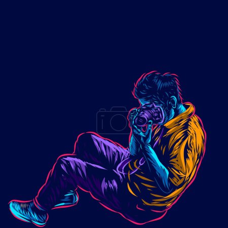 Illustration for Male photographer takes a photo.  Lne pop art portrait logo colorful design. Abstract vector illustration. - Royalty Free Image