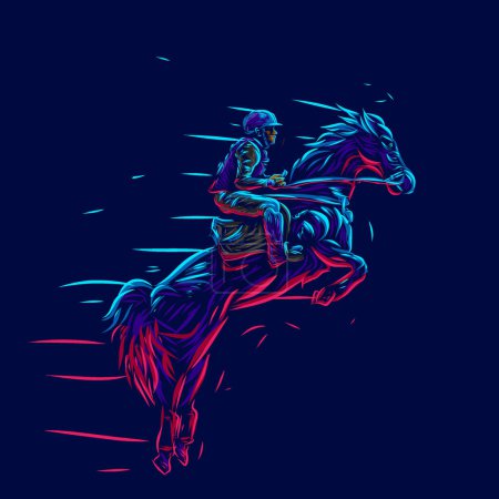 Illustration for Man riding horse. Pop Art line portrait logo. Colorful design with dark background. Abstract vector illustration. Isolated black background for t-shirt, poster, clothing, merch, apparel, badge design - Royalty Free Image
