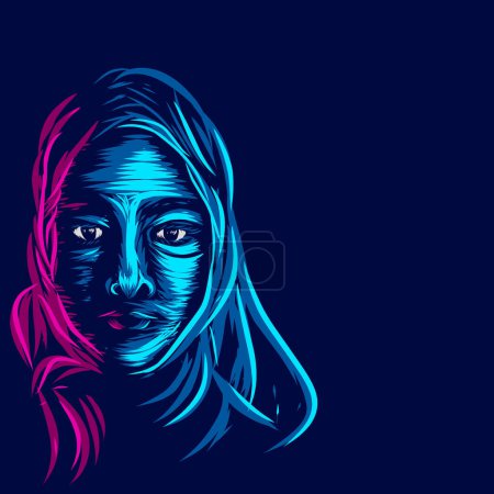 Téléchargez les illustrations : Musulman musulman arabique ligne femme pop art potrait logo design coloré avec fond sombre. Isolé fond noir pour t-shirt - en licence libre de droit
