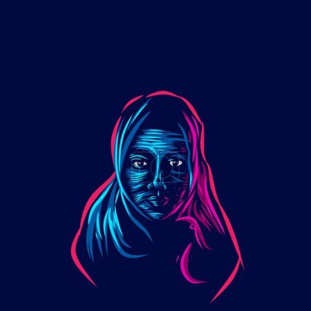 Téléchargez les illustrations : Musulman musulman arabique ligne femme pop art potrait logo design coloré avec fond sombre. Isolé fond noir pour t-shirt - en licence libre de droit