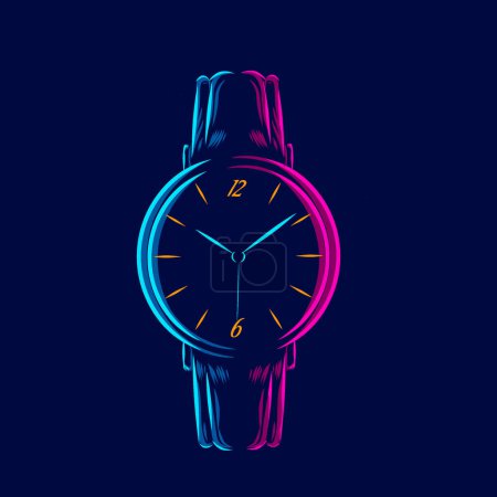 Téléchargez les illustrations : Regarder main horloge ligne pop art potrait logo design coloré avec fond sombre. Illustration vectorielle abstrait. - en licence libre de droit