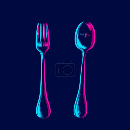 Illustration for Fork and spoon in restaurant logo line pop art portrait colorful design with dark background. Abstract vector illustration. - Royalty Free Image