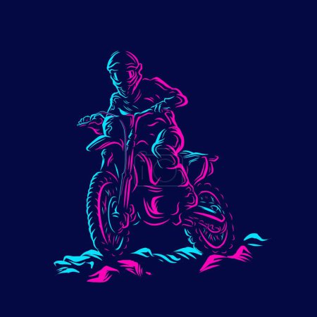 Ilustración de Motocross bike rider Line. Logo Pop Art. Diseño colorido con fondo oscuro. Ilustración abstracta del vector. Fondo negro aislado para camiseta, póster, ropa, merch, ropa, diseño de insignia - Imagen libre de derechos