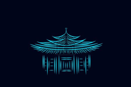 Téléchargez les illustrations : Japon temple ligne pop art potrait logo design coloré avec fond sombre. Illustration vectorielle abstraite Fond d'écran sombre minimaliste - en licence libre de droit