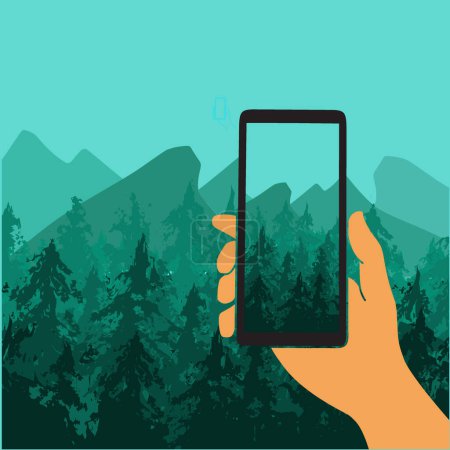 Illustration for Green nature design illustration with mountains and forest view. Take a shoot on silhouette landscape. Travel and nature background - Royalty Free Image