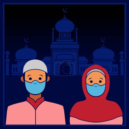 Ilustración de Musulmanes con máscaras protectoras, diseño abstracto del logotipo, ilustración vectorial - Imagen libre de derechos