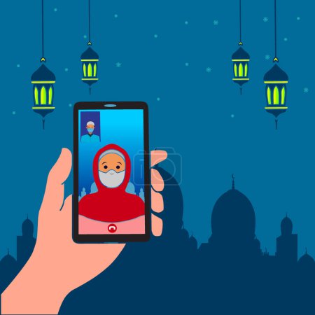 Ilustración de Musulmanes que se comunican a través de teléfonos inteligentes, diseño abstracto del logotipo, ilustración vectorial - Imagen libre de derechos