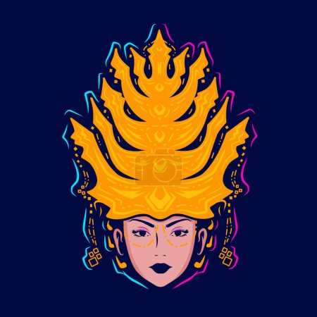 Ilustración de Batak traje mujer cabeza arte logo. Colorido Mandailing diseño de vestido de novia étnica asiática. Ilustración de fondo oscuro vector aislado. - Imagen libre de derechos