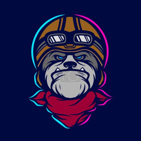 Illustration for Funny funky bulldog biker pop art logo. Colorful retro dog design with dark background. Abstract vector illustration. Isolated black background for t-shirt, poster, clothing, merch, apparel. - Royalty Free Image