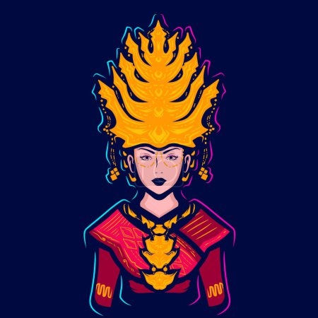 Illustration for Batak costume woman head art logo. Colorful Mandailing asian ethnic wedding dress design. Isolated vector dark background illustration. - Royalty Free Image