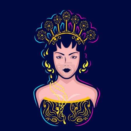 Illustration for Java costume woman batik art logo. Colorful Indonesian traditional asian ethnic wedding dress design. Isolated vector dark background illustration. - Royalty Free Image