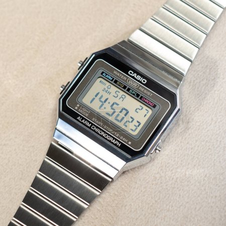 Photo for Istanbul-Turkey, 28-November-2022: Close-up Casio A700w-1adf Retro steel wristwatch. top view vintage casio wrist watch. Selective Focus. - Royalty Free Image