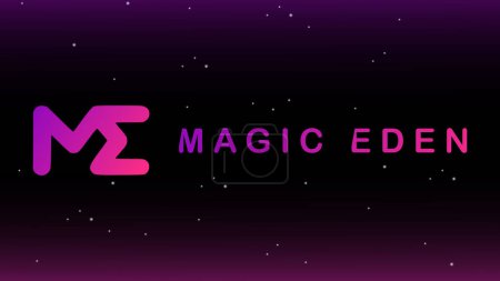 Illustration von Magic Eden. NFT Marktplatz auf Solana Blockchain Magic Eden Logo auf dem Hintergrund des Cyberspace. Illustration für Banner, Website, Landing Page, Anzeigen, Flyer-Vorlage.